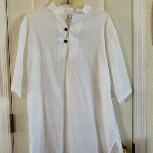 Nehru style short sleeve top, filmy gauze fabric, white, XL